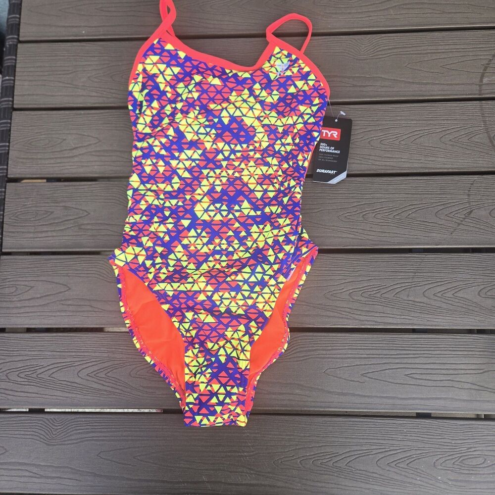 TYR Womens Durafast One Moderna Trinityfit 1 PC Swim Red yellow Sz 30 New